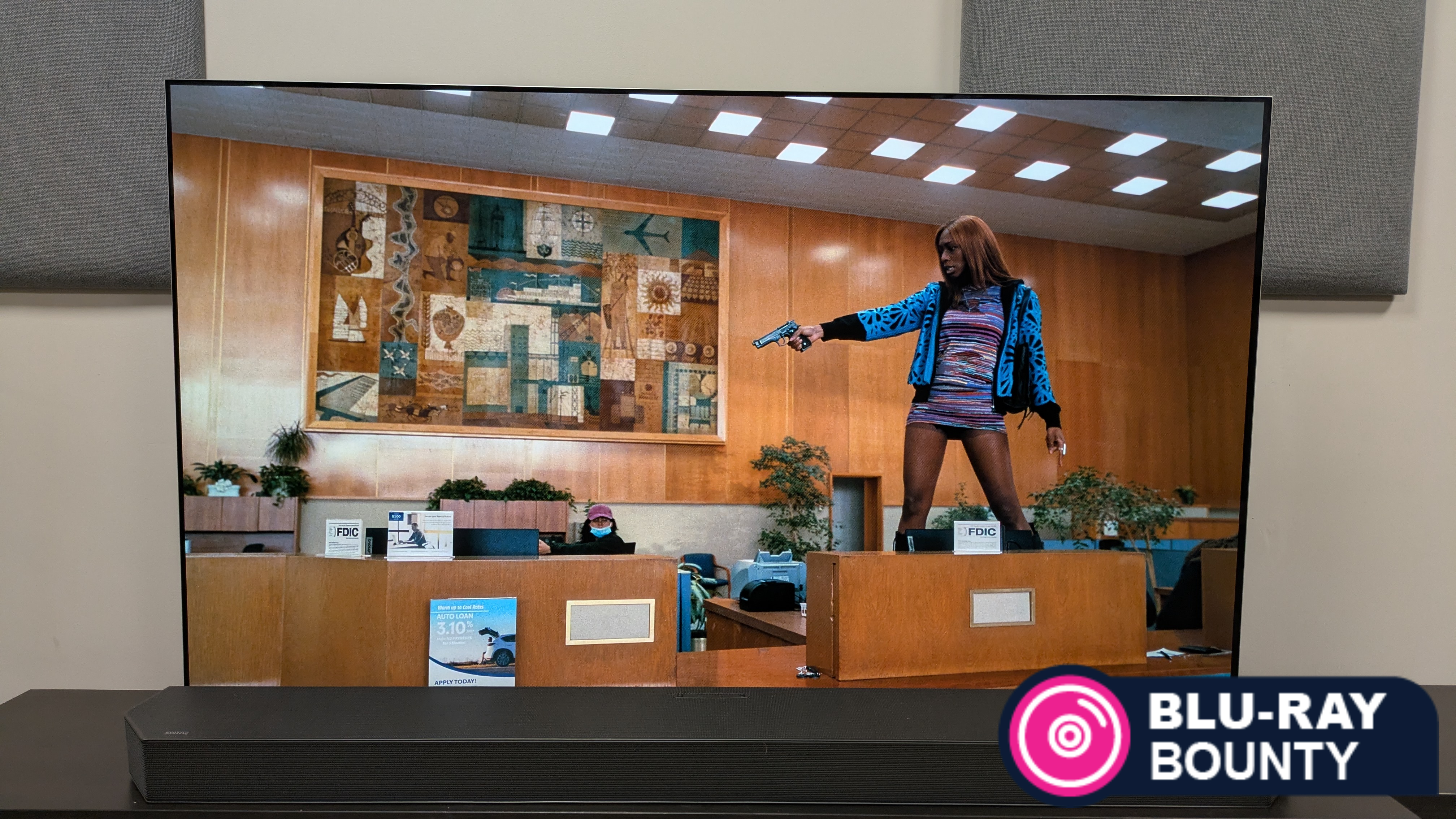 Blu-ray Bounty bonus article hero image showing Junglepussy holding up a bank from One Battle After Another 4K Blu-ray 