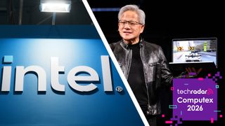 The Intel logo next to Nvidia CEO Jensen Huang holding a laptop on stage at Computex 2026