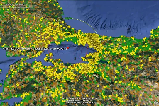 A satellite map view from Google Earth centered over Turkey during a 6.2 magnitude earthquake. The map is overlaid with a dense cluster of hundreds of yellow dots representing individual Android smartphones detecting seismic activity. A yellow circle tracks the estimated P-wave, while an inner red circle marks the path of the S-wave. Text at the top marks the timestamp as April 23, 2025.